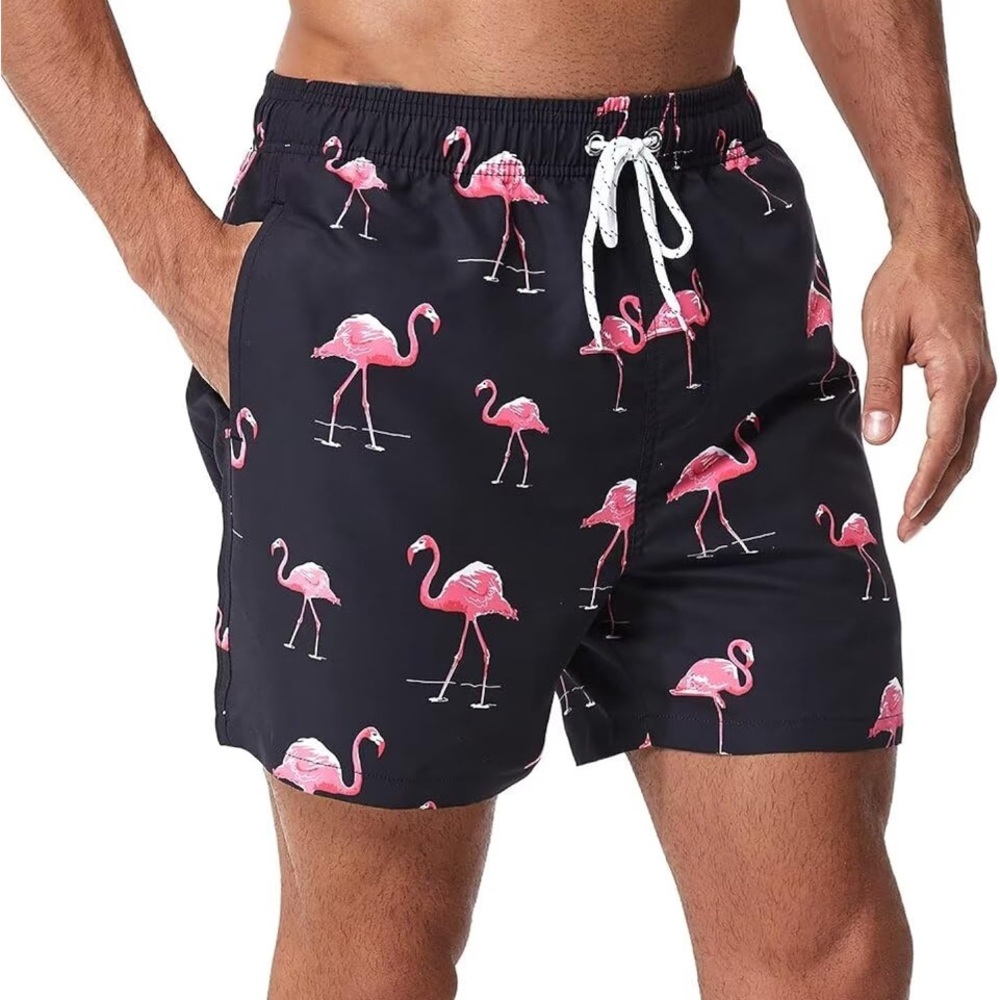 🚘Black and Pink Flamingo Swim Trunks with Adjustable Waist